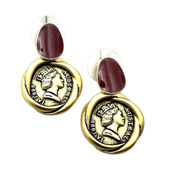 Womens Ancient Coin Gold Tone Earrings Pierced Dark Red Enamel Chandelier New - Picture 1 of 4